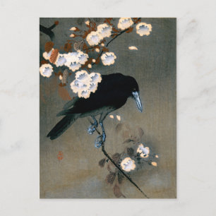 Cartão Postal Vintage Japonês Crow and Blossom Woodblock Impress