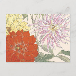 Cartão Postal Vintage Japonês Floral Art Bright Dahlia Flowers