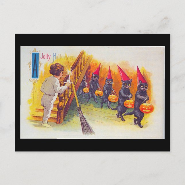 Cartão Postal Vintage Jolly Halloween Card Black Cats (Frente)