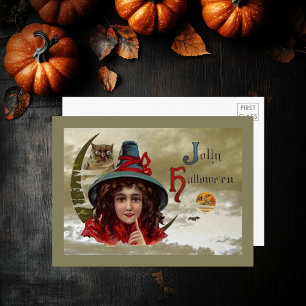 Cartão postal Vintage Jolly Halloween Witch & Owl