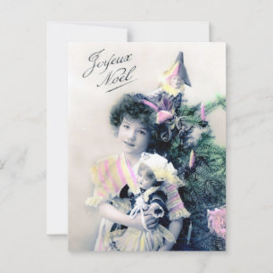 Cartão Postal Vintage Joyeux Noël com Girl and Doll