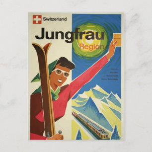 Cartão Postal Vintage Jungfrau Suiça de Esqui Viagem
