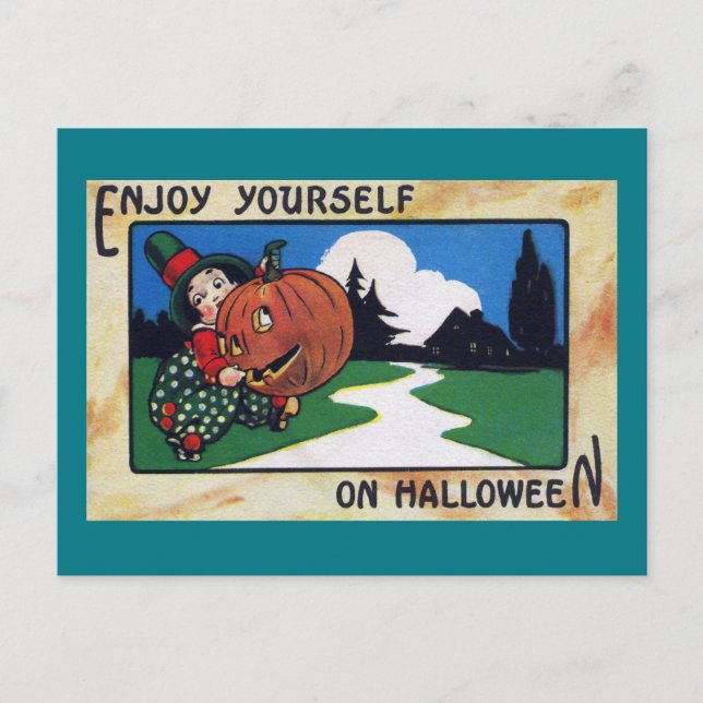 Cartão Postal Vintage Kid Hefting Halloween Jack O'Lanterna (Frente)