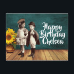 Cartão Postal Vintage Kids & Sunflower Personated Birday<br><div class="desc">Cartaz de aniversário divertido mostra lindos desenhos de crianças,  pote de girassóis e texto de aniversário personalizável</div>