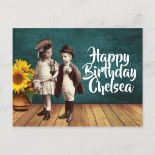 Cartão Postal Vintage Kids & Sunflower Personated Birday