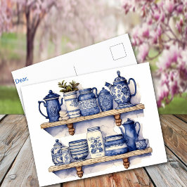 Cartão Postal Vintage Kitchen Shelchen Blue Disks Tea Coffee