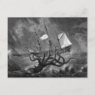 Cartão Postal Vintage Kraken Giant Squid Sea Monster Ship Poster