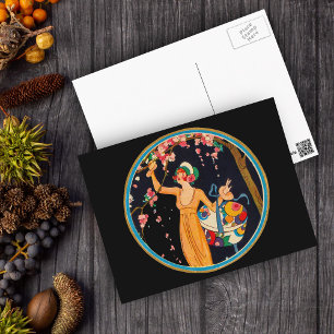 Cartão Postal Vintage Lady Cherry Blossom Tree Hat Box