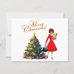 Cartão Postal Vintage Lady Christmas Comprando presentes