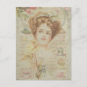 Cartão Postal Vintage Lady Elegant China Frame Shabby Collage