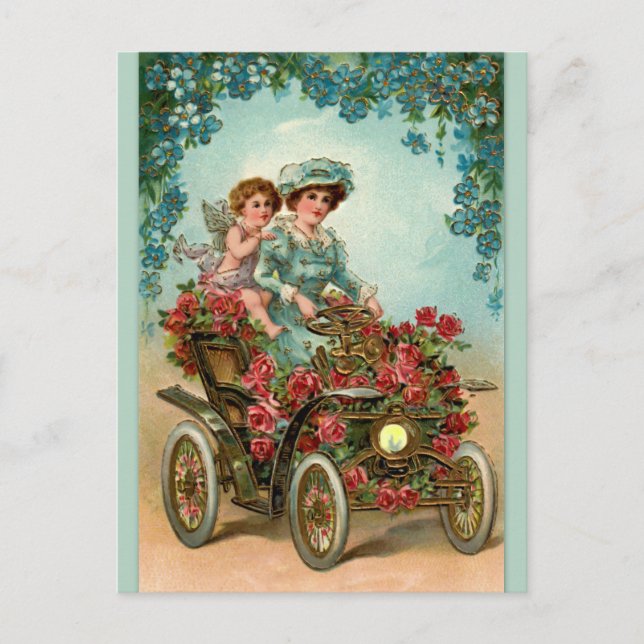 Cartão Postal Vintage Lady fährt Auto mit Engel (Frente)