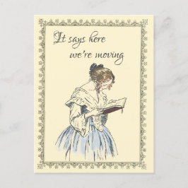 Cartão Postal Vintage Lady Lendo um Anúncio em Movimento de Livr