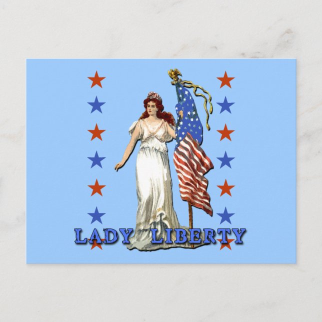 Cartão Postal Vintage Lady Liberty com bandeira americana (Frente)