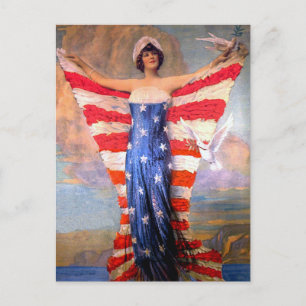 Cartão Postal Vintage Lady Liberty Patriotic American Flag