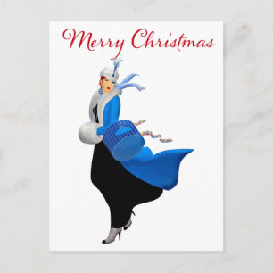Cartão Postal Vintage Lady no Natal Azul