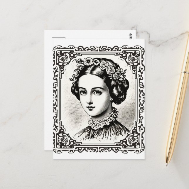Cartão Postal Vintage Lady Portrait Stamp 4 (Frente/Verso In Situ)