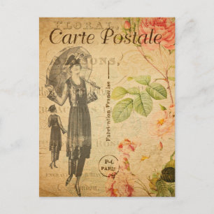 Cartão Postal Vintage Lady Woman Fashion com Umbrella French