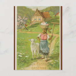 Cartão Postal Vintage Lamb and Bunny With Basket of Eggs Easter