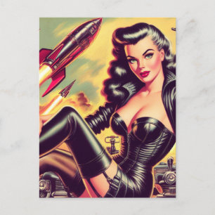 Cartão Postal Vintage Leather Girl Sci-Fi