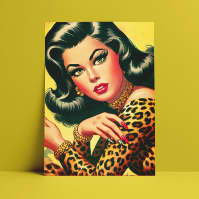 Cartão Postal Vintage Leopard Print Girl (Criador carregado)