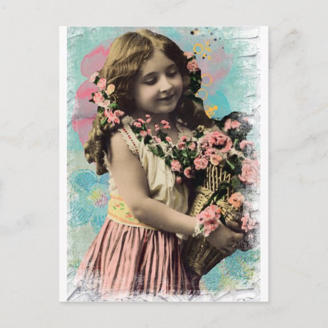 Cartão Postal Vintage Little Girl and Flowers (Frente)