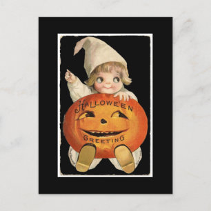 Cartão Postal Vintage Little Girl com Big Halloween Pumpkin