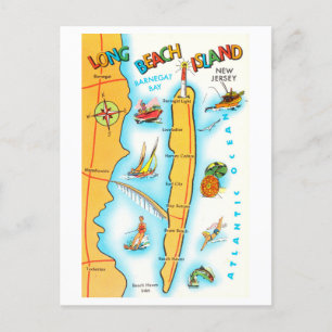 Cartão Postal Vintage Long Beach Island, Nova Jersey, Mapa
