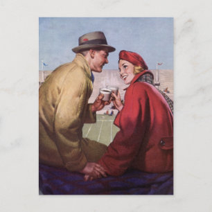 Cartão Postal Vintage Love and Romance, Casal no jogo de futebol
