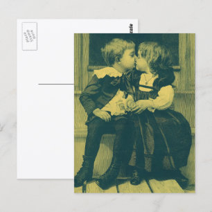 Cartão Postal Vintage Love and Romance Photo, Crianças Beijam