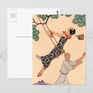 Cartão Postal Vintage Love Romance, Escarpolette Swing Barbier