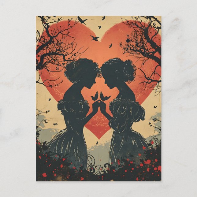 Cartão Postal Vintage Love: Silhouettes and Hearts (Frente)