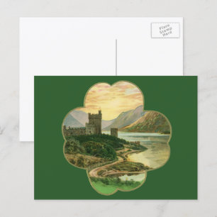 Cartão Postal Vintage Lucky Dourada Shamrock com um castelo irla