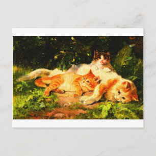 Cartão Postal Vintage Mãe Cat com Seus Gatinhos Reproduzíveis