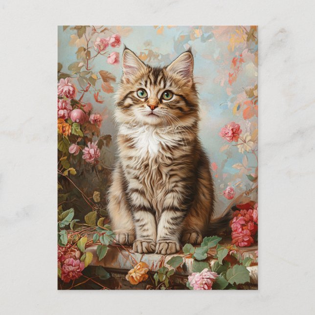 Cartão Postal Vintage Maine Coon Kitten Pintura (Frente)