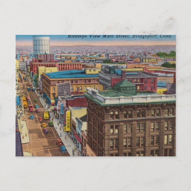 Cartão Postal Vintage, Mainstreet, Bridgeport, Connecticut (Frente)