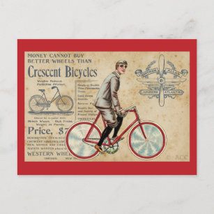 Cartão Postal Vintage Man Andando Bicicleta Vermelha