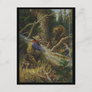 Cartão Postal Vintage Man Hunting Bear