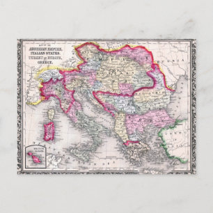 Cartão Postal Vintage Map of Europe Áustria Itália Turquia Gréci