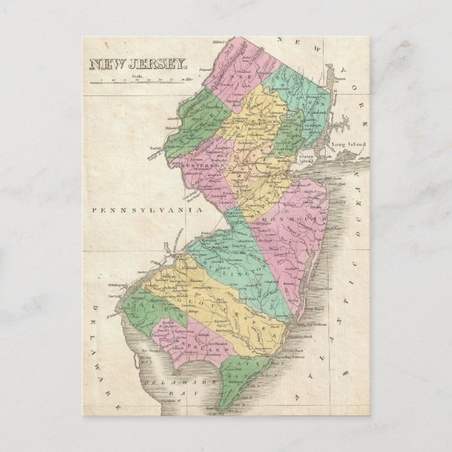 Cartão Postal Vintage Map of New Jersey (1827) (Frente)