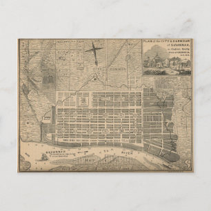 Cartão Postal Vintage Map of Savannah Georgia do século 19