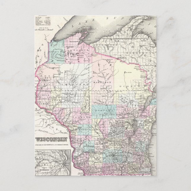 Cartão Postal Vintage Map of Wisconsin (1855) (Frente)