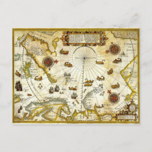 Cartão Postal Vintage - Mapa antigo da Viagem de Willem Barentsz