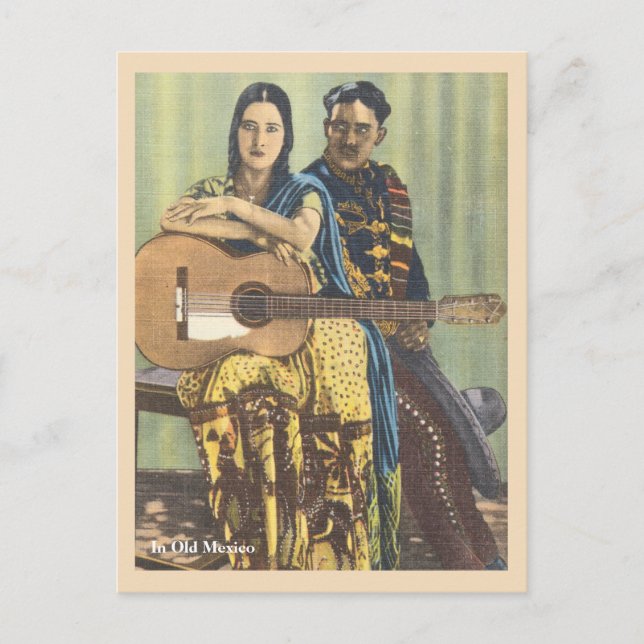 Cartão Postal Vintage México, mulher com violão (Frente)
