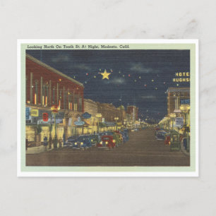 Cartão Postal Vintage Modesto, cena da rua da Califórnia à noite