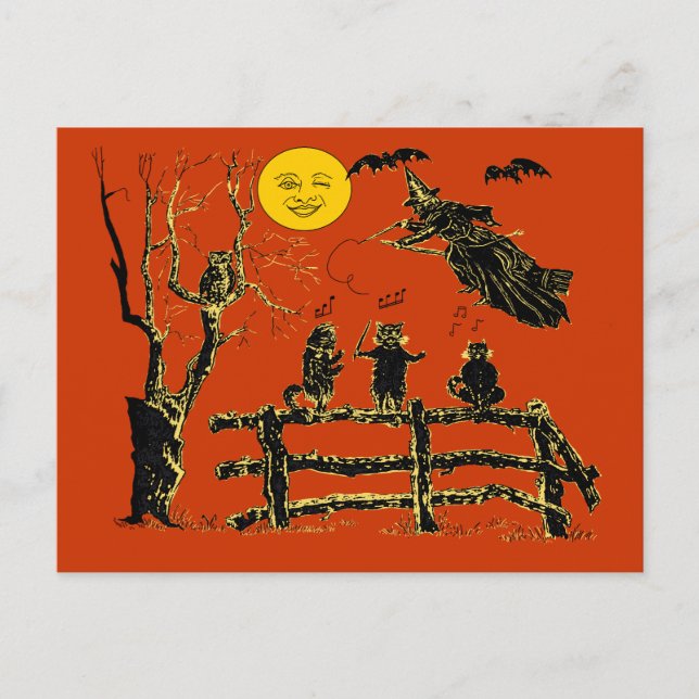 Cartão Postal Vintage Moon Witch e Cats Cantantes (Frente)