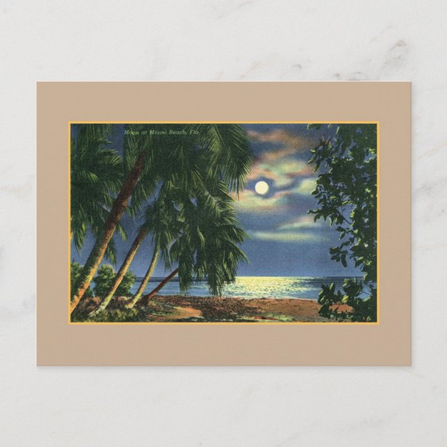 Cartão Postal Vintage Moonlight praia vista Miami Beach (Frente)