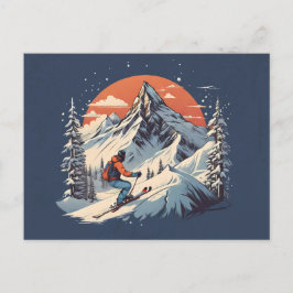 Cartão Postal Vintage Mountain Pine Skiing Laranja Sunset