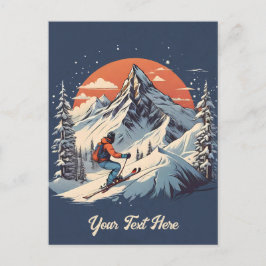 Cartão Postal Vintage Mountain Pine Skiing Laranja Sunset