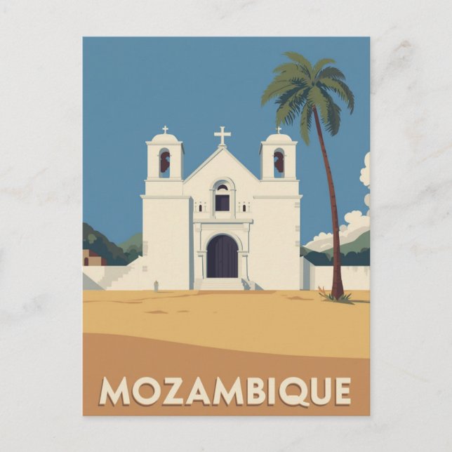 Cartão Postal Vintage Mozambique Travel Poster Church Art (Frente)
