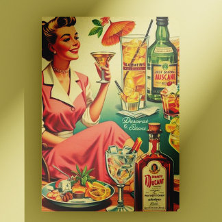 Cartão Postal Vintage Mulher Bebe Cocktails Ilustração